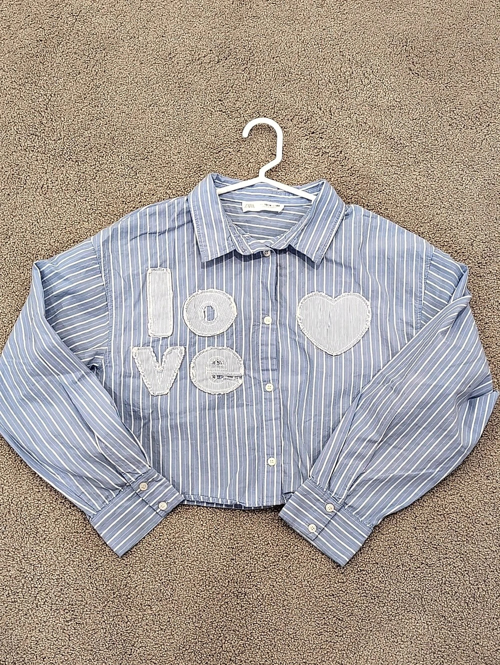 Zara Striped Shirt with Patch Detail Girls Blue & White 13-14